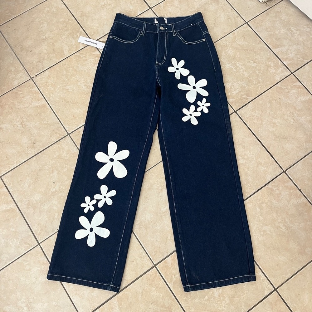 Princess Polly Daisy Wide Leg Jean 6 Dark Wash Flower High Rise Denim Streetwear